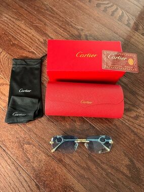 Cartier Men’s Rimless Sunglasses with Blue Lenses and Gold Frames